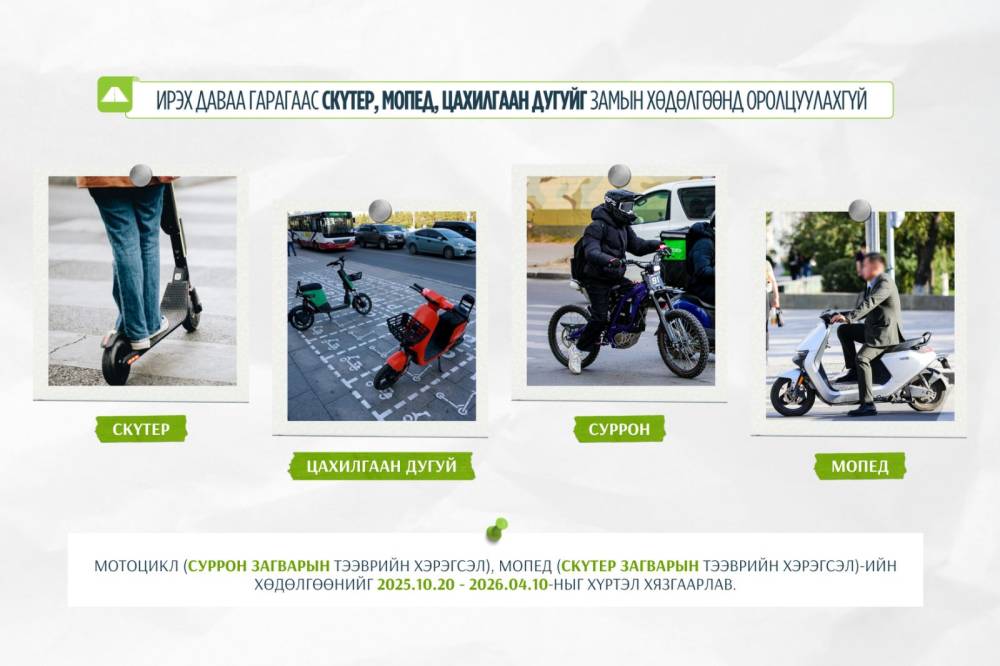 ИРЭХ ДАВАА ГАРАГААС СКҮТЕР, МОПЕД, ЦАХИЛГААН ДУГУЙГ ЗАМЫН ХӨДӨЛГӨӨНД ОРОЛЦУУЛАХГҮЙ